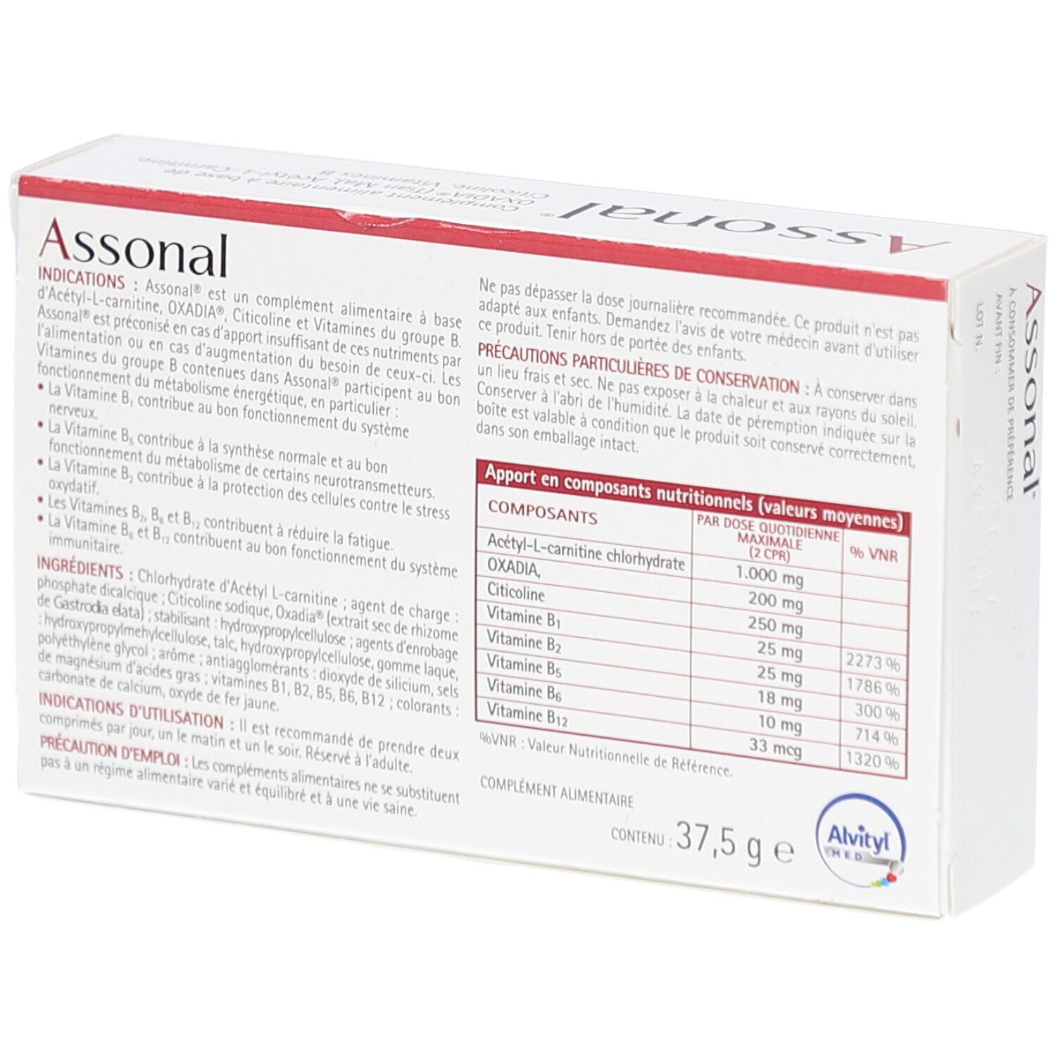 Dos de la boîte "Assonal". Contient des informations sur les ingrédients et les valeurs nutritionnelles. Marque "Alvityl MED".