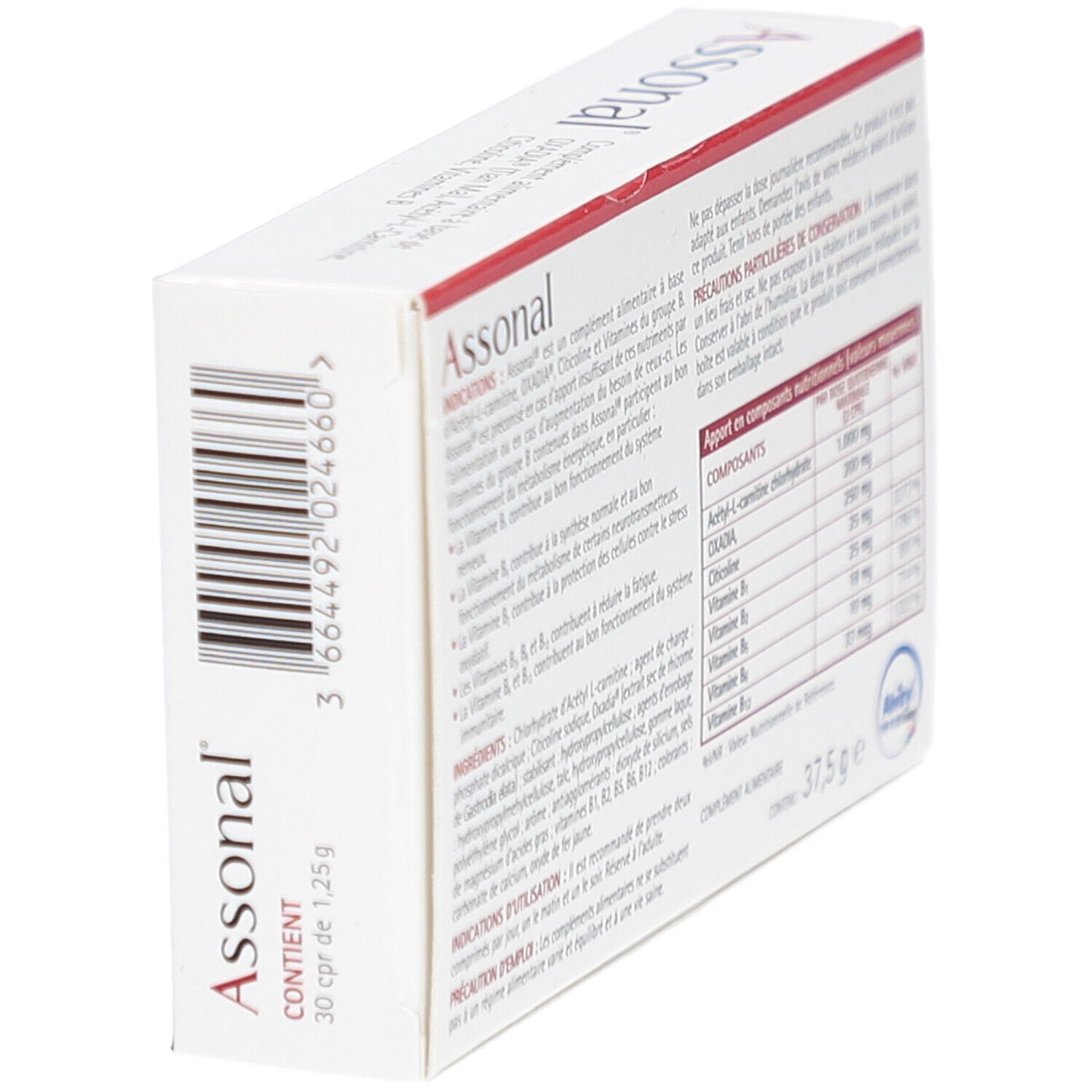 Boîte "Assonal" en biais. Dos avec ingrédients et valeurs nutritionnelles. Marque "Alvityl MED".