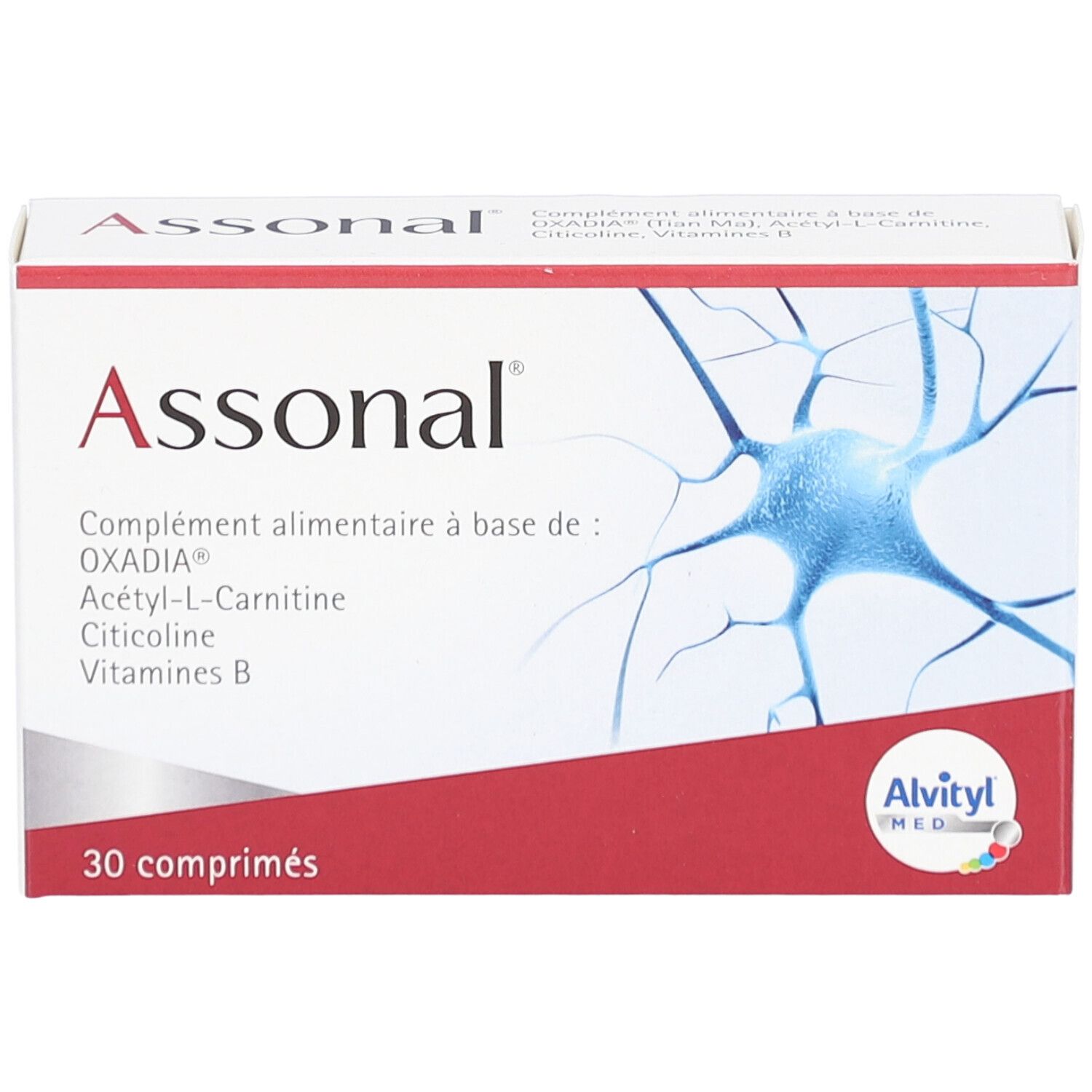 Boîte "Assonal" avec 30 comprimés. Marque "Alvityl MED". Inscription: Complément alimentaire.