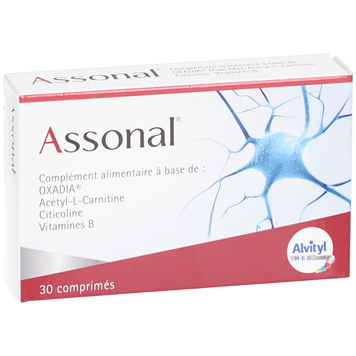 Boîte "Assonal" avec 30 comprimés. Marque "Alvityl MED". Inscription: Complément alimentaire.