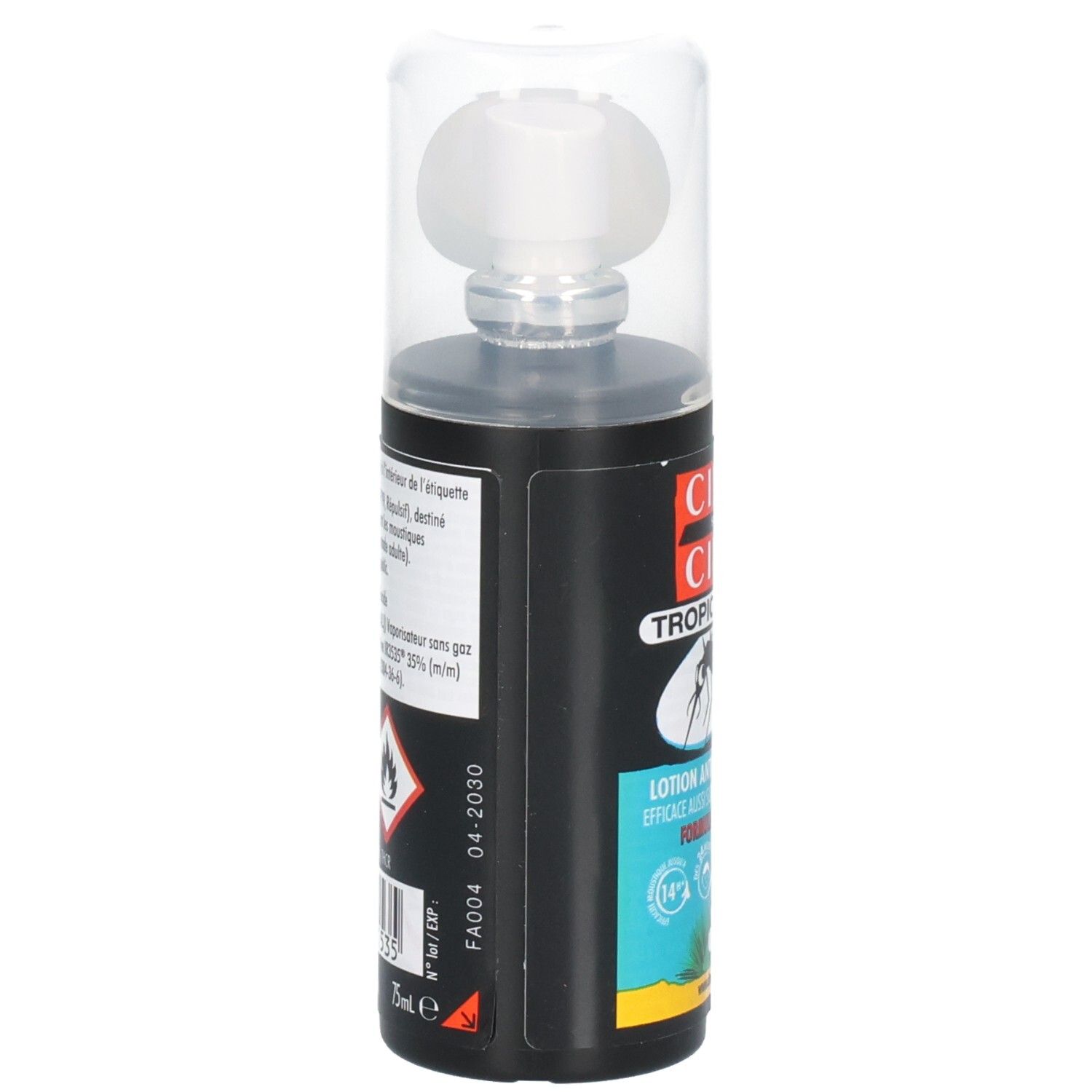 Spray noir avec embout transparent, vue latérale. Contient des symboles d'avertissement et du texte.