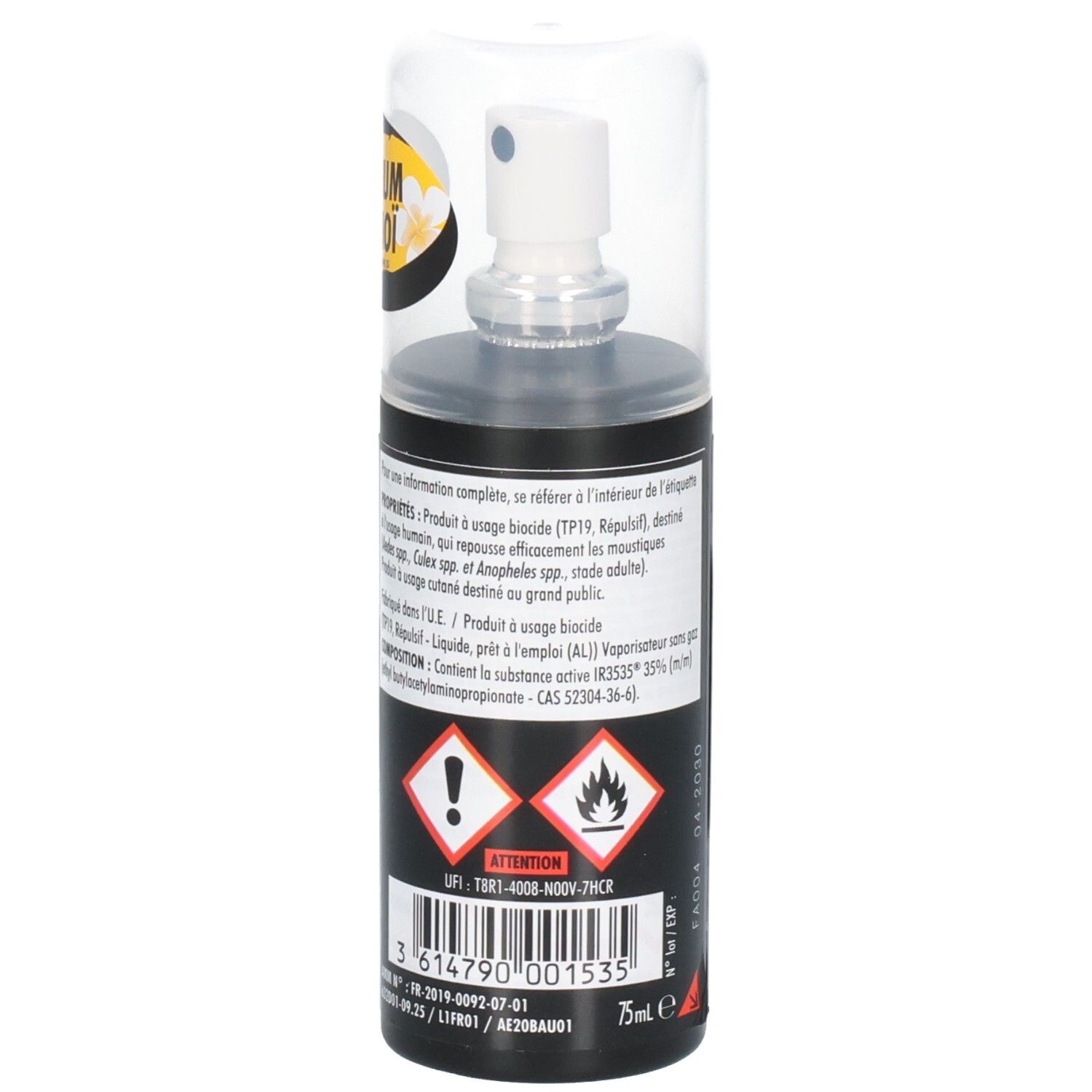 Spray noir avec embout transparent, vue latérale. Contient des symboles d'avertissement et du texte.