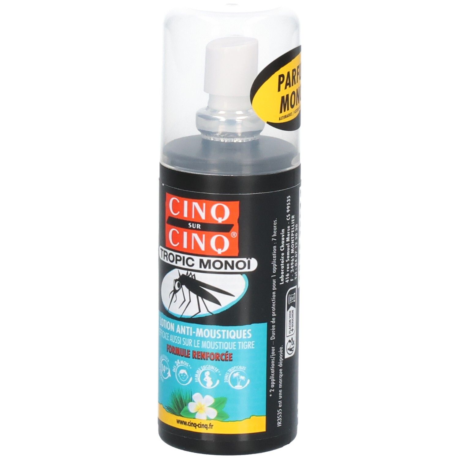 Spray noir avec embout transparent. Affiche un moustique et du texte.