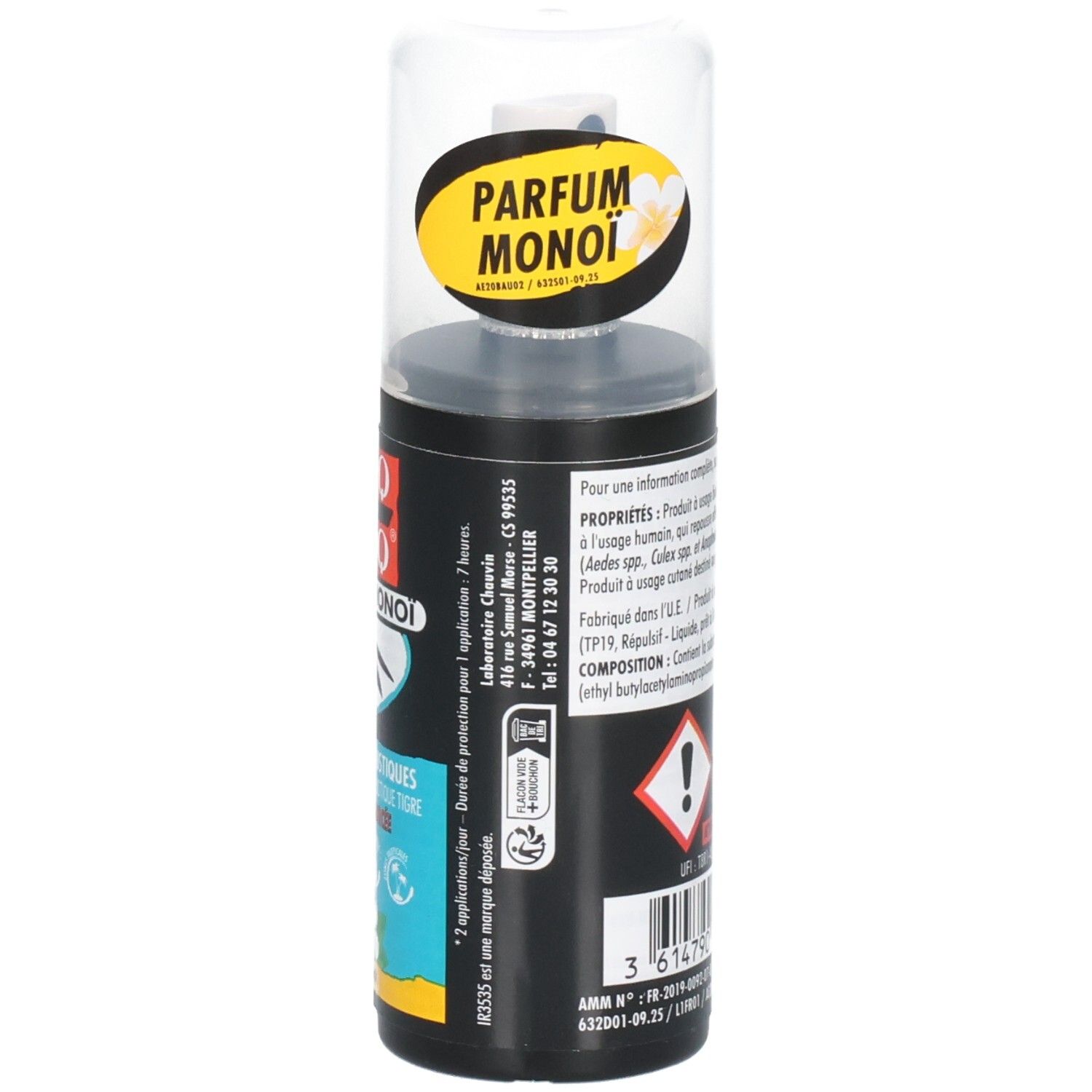 Spray noir avec embout transparent. Affiche un moustique et du texte.