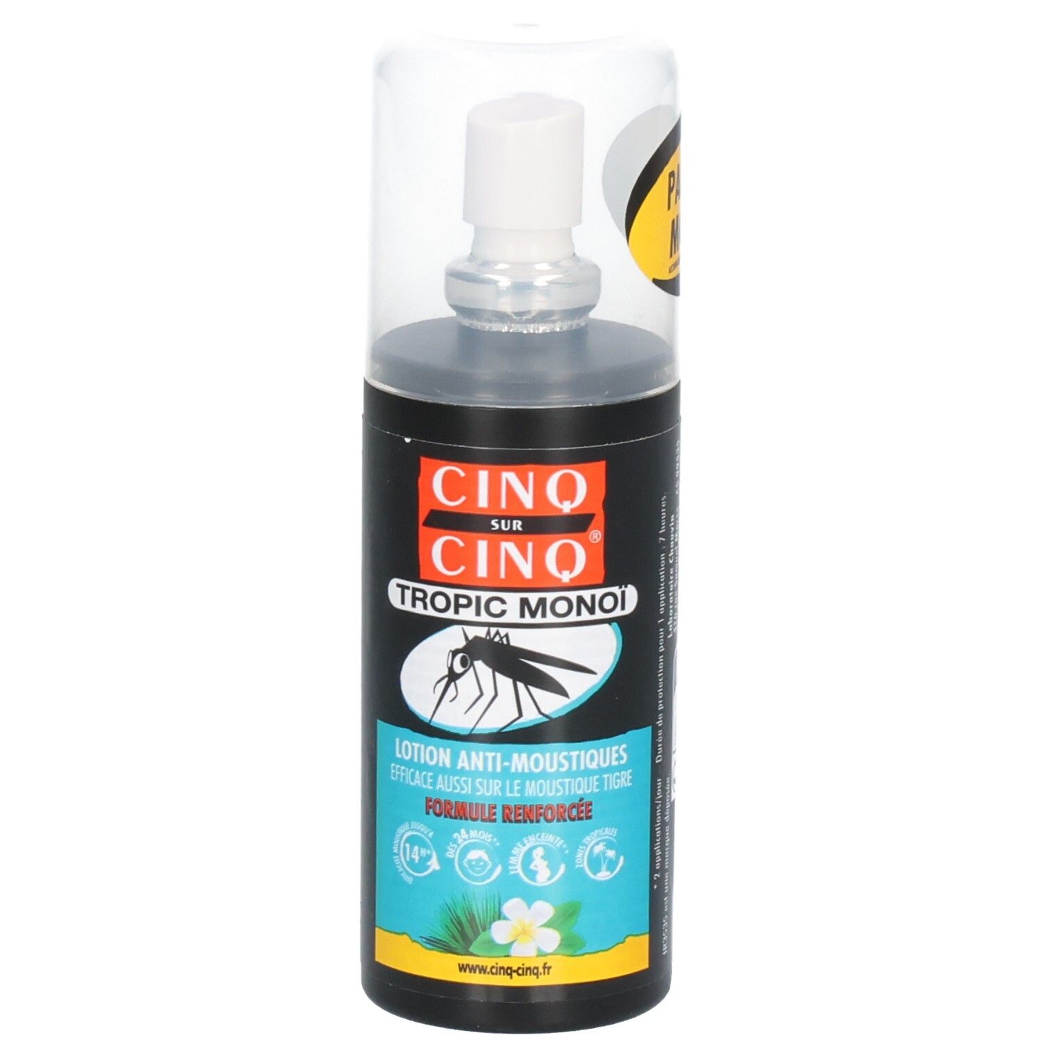 Spray noir avec embout transparent. Affiche un moustique et du texte.