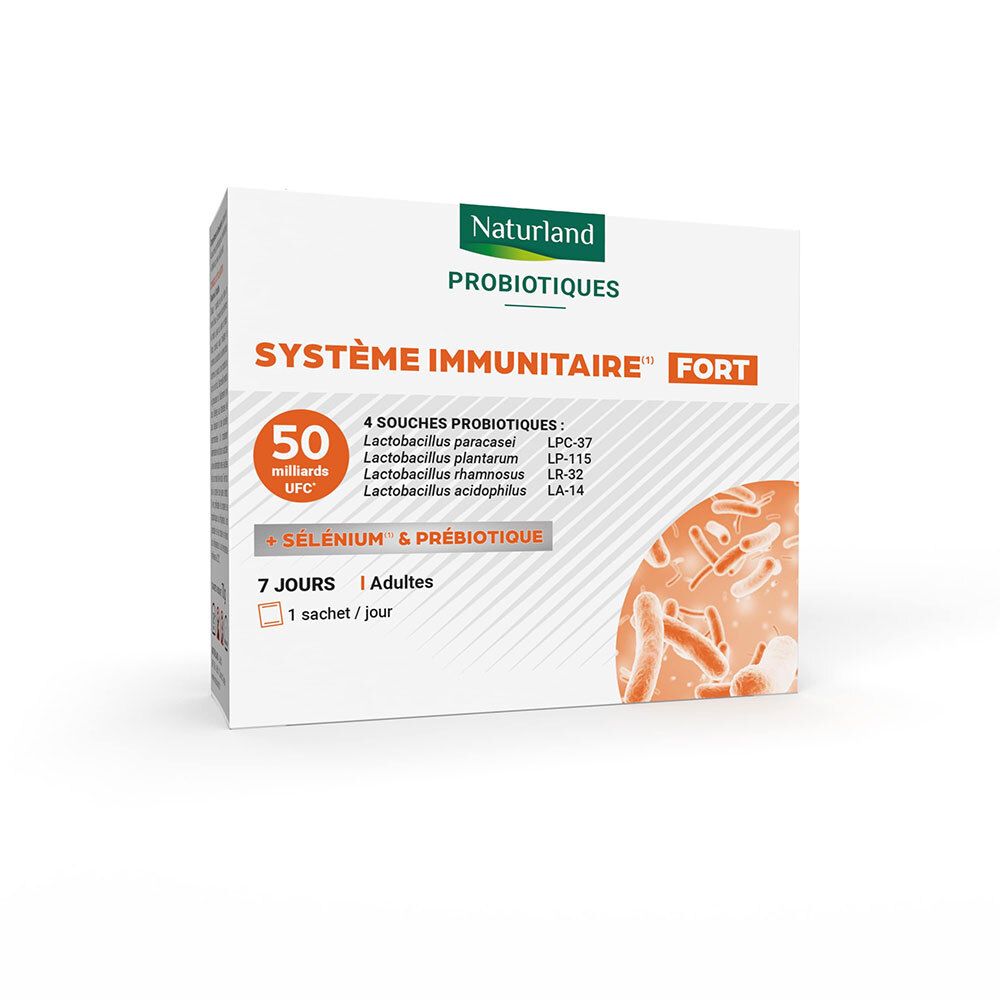 Boîte NATURLAND PROBIOTIQ IMMU INT SACH7. Contient 7 sachets. Inscription : Système Immunitaire Fort.