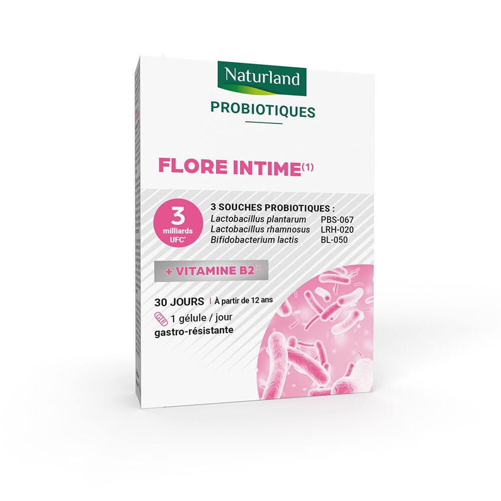 Boîte blanche avec informations produit. Texte: FLORE INTIME, 3 milliards UFC, Vitamine B2, 30 jours. Logo Naturland.