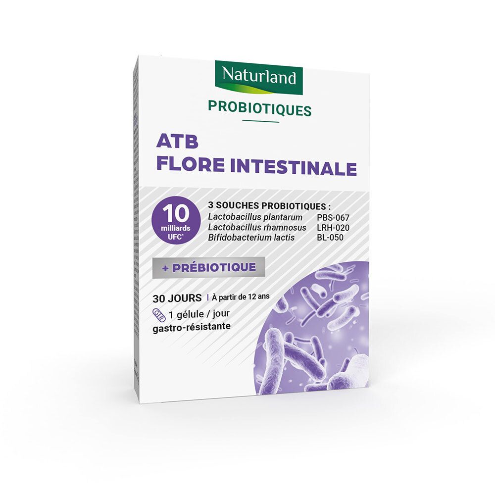 Boîte de Naturland Probiotiques ATB Flore Intestinale. Contient 30 gélules. Inscription: 10 milliards d'UFC, + Prébiotique.