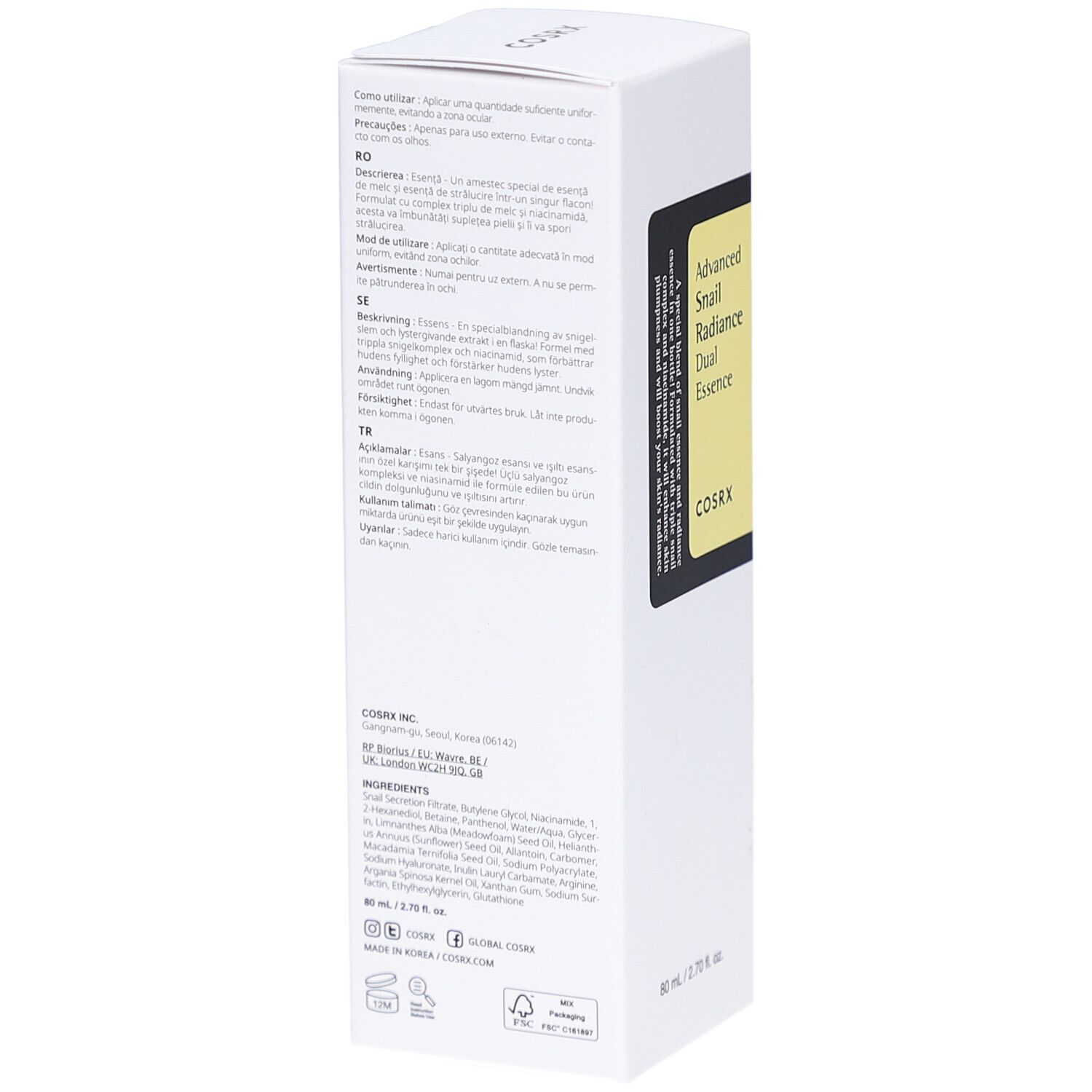 Boîte blanche. Texte multilingue. Marque COSRX. 80 ml. Impressions: recyclage, durée de vie, ingrédients.