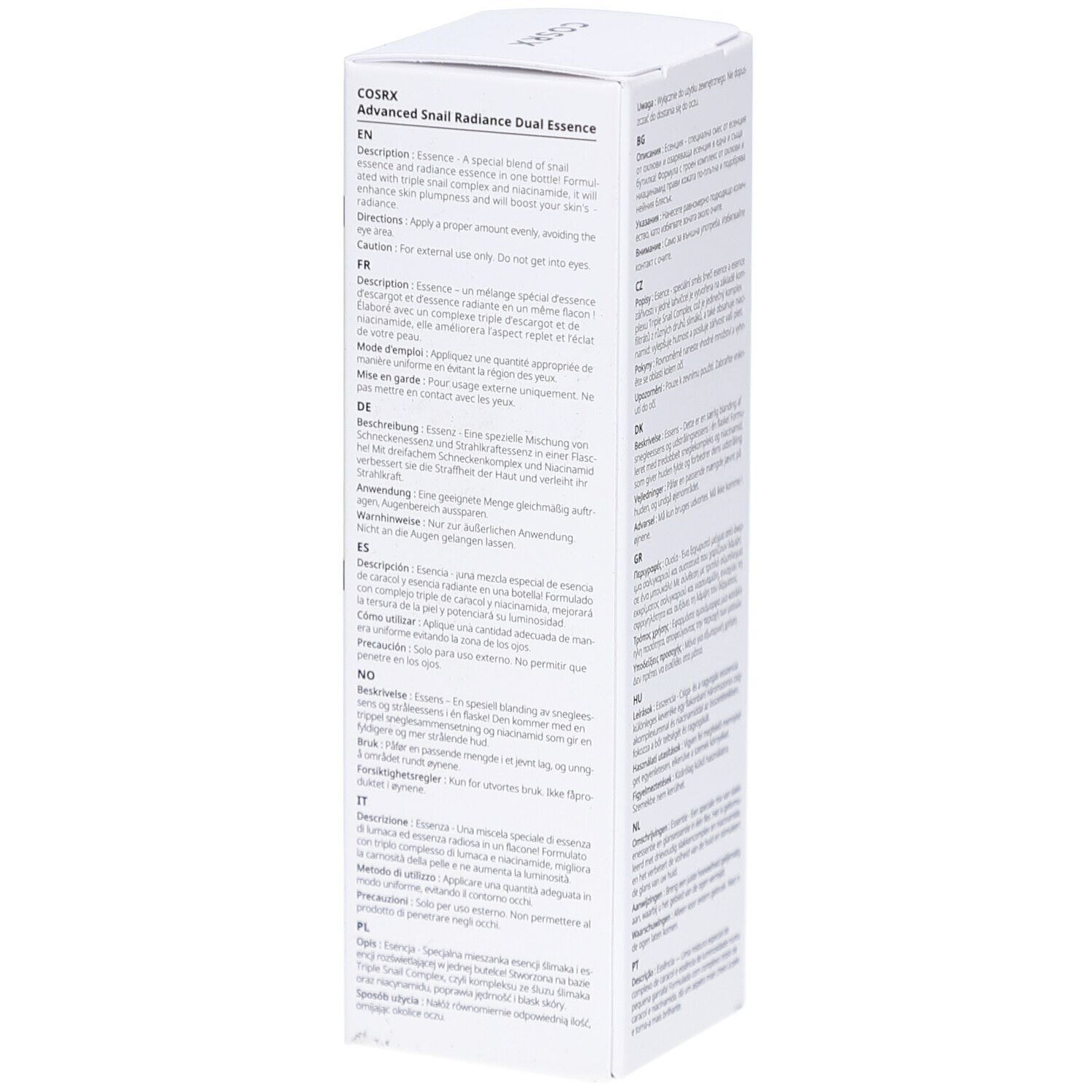 Boîte blanche. Étiquette noire avec nom du produit et marque: COSRX Advanced Snail Radiance Dual Essence. 80 ml.