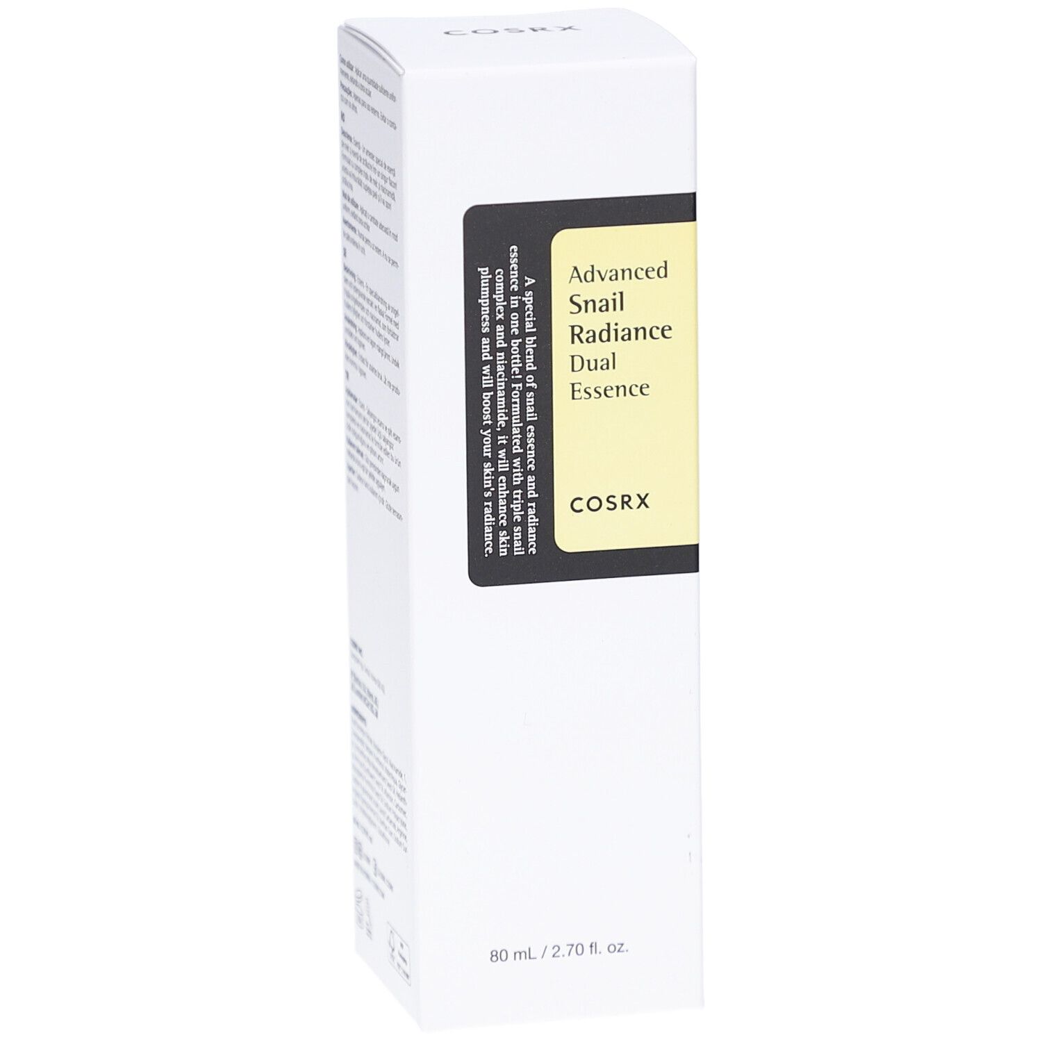 Boîte blanche. Étiquette noire avec nom du produit et marque: COSRX Advanced Snail Radiance Dual Essence. 80 ml.
