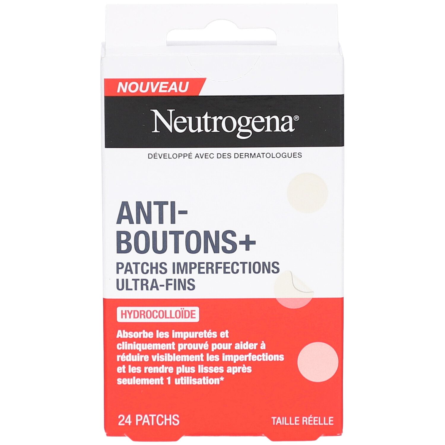 Emballage Neutrogena Anti-Boutons+ Patches. Vue de face, boîte blanche et rouge avec nom du produit et 24 patchs.
