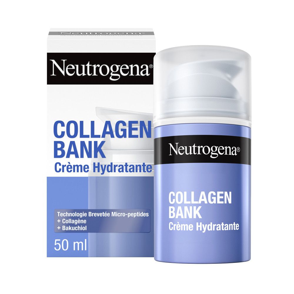 Neutrogena Collagen Bank Crème Hydratante. Flacon et boîte bleus. Contient 50 ml.