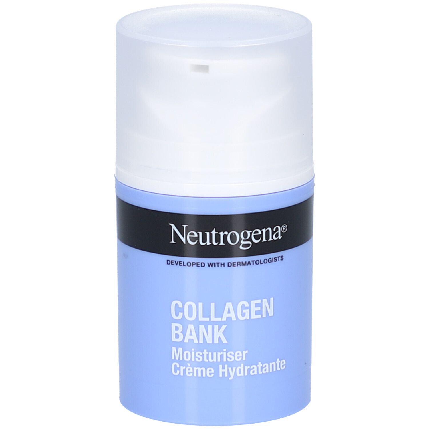 Neutrogena Collagen Bank Crème Hydratante. Flacon bleu et blanc avec distributeur. Nom du produit et marque visibles.