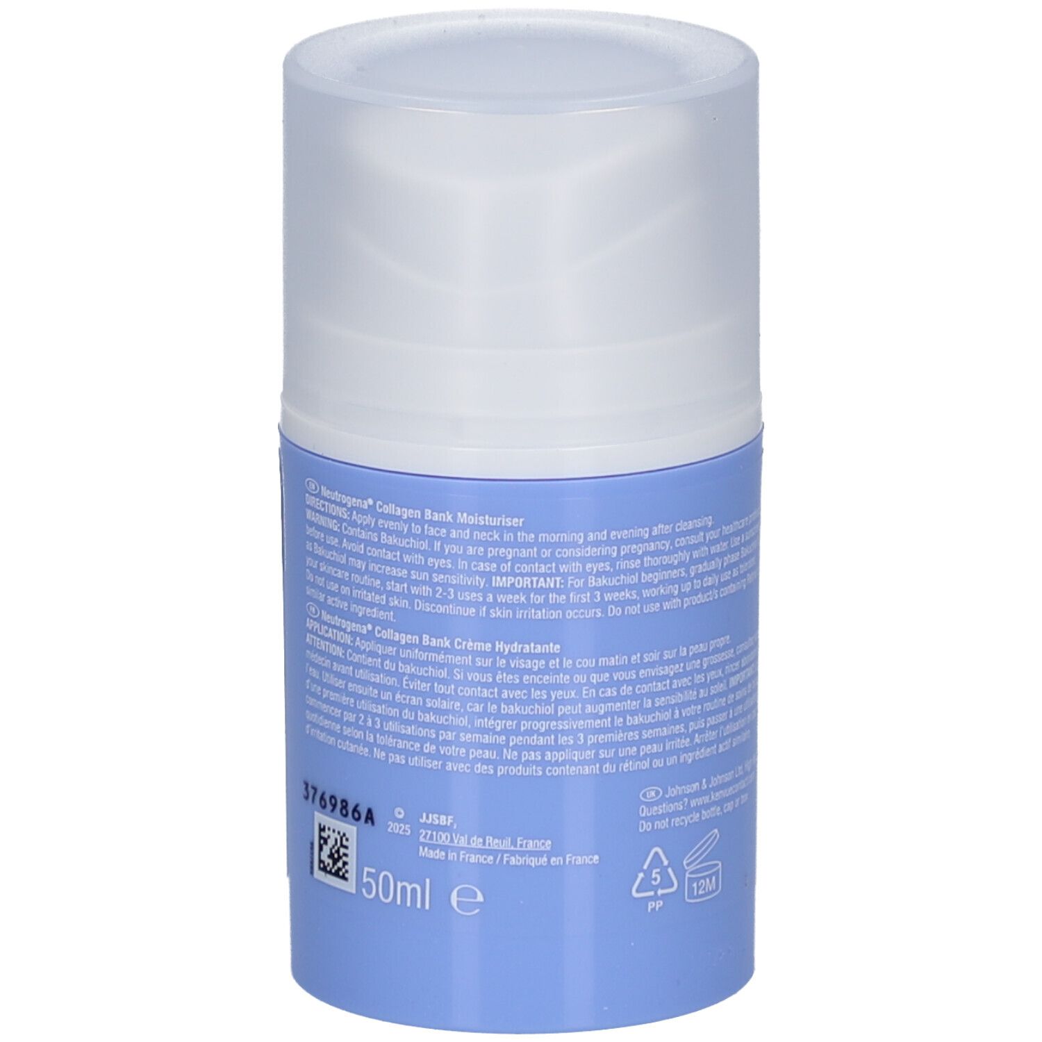 Neutrogena Collagen Bank Crème Hydratante. Dos du flacon avec texte et indication 50ml. Coloris bleu et blanc.