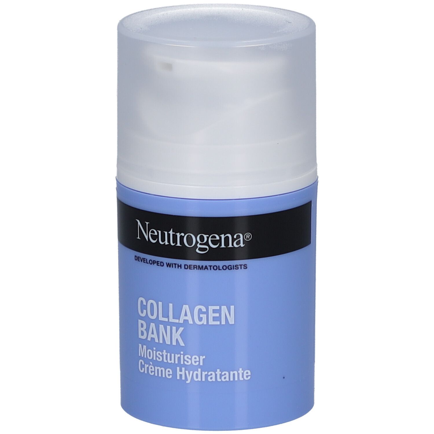 Neutrogena Collagen Bank Crème Hydratante. Flacon bleu et blanc avec distributeur. Nom du produit et marque visibles.