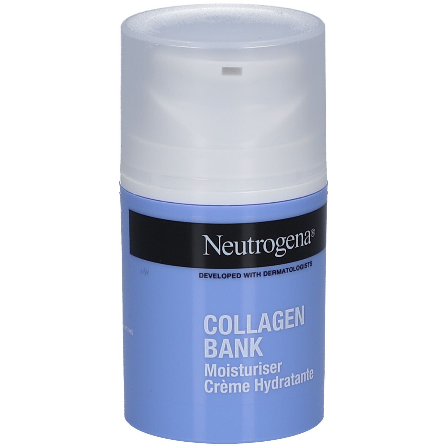 Neutrogena Collagen Bank Crème Hydratante. Flacon bleu et blanc avec distributeur. Nom du produit et marque visibles.