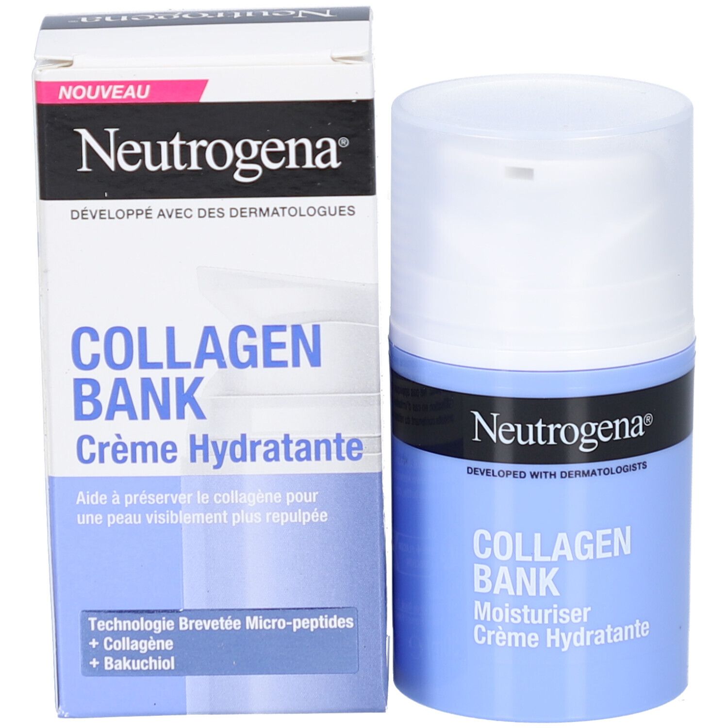 Neutrogena Collagen Bank Crème Hydratante et emballage. Nom du produit et marque visibles. Coloris bleu et blanc.