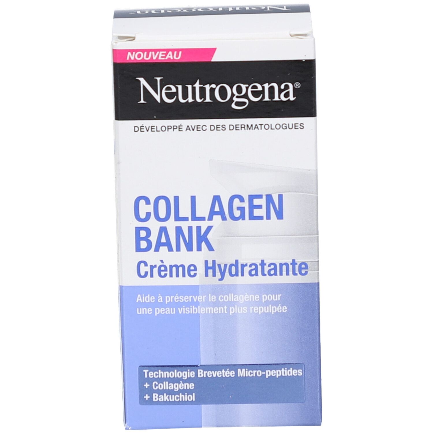Emballage Neutrogena Collagen Bank Crème Hydratante. Nom du produit et marque visibles. Coloris bleu et blanc.
