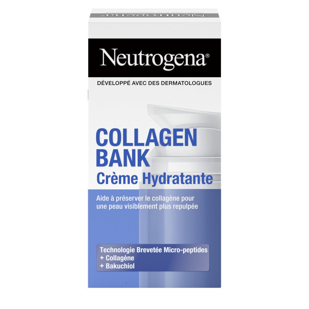 Neutrogena Collagen Bank Crème Hydratante. Emballage blanc avec nom et texte du produit.