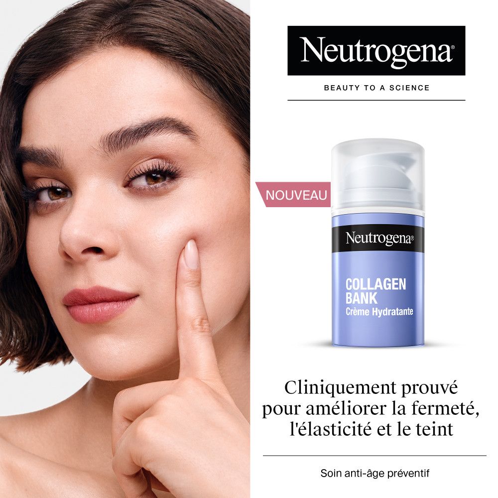 Femme touchant sa joue. Neutrogena Collagen Bank Crème Hydratante. Texte : Cliniquement prouvé.
