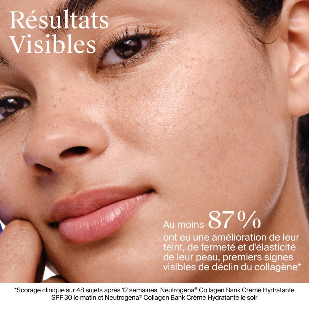 Gros plan sur un visage. Texte : Résultats visibles. 87% d'amélioration du teint, de la fermeté et de l'élasticité.