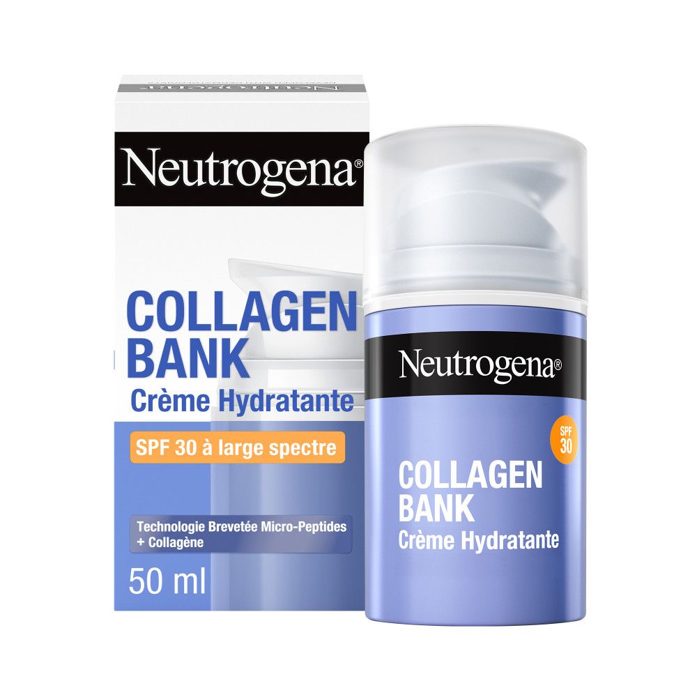 Neutrogena Collagen Bank Crème Hydratante SPF30. Tube et emballage bleus. Texte: SPF30, Crème Hydratante.
