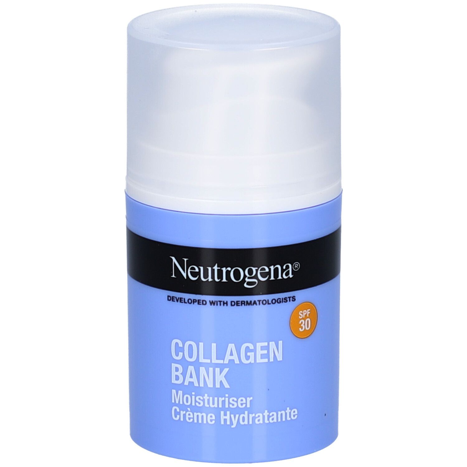 Neutrogena Collagen Bank Crème Hydratante SPF 30. Flacon bleu, bouchon blanc. Bande noire avec logo et nom du produit.