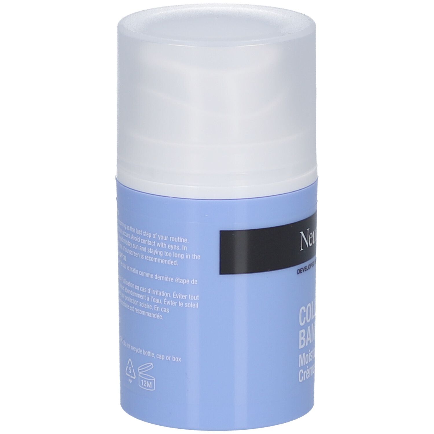 Neutrogena Collagen Bank Crème Hydratante SPF 30. Dos du flacon. Surface bleue avec texte et symboles.