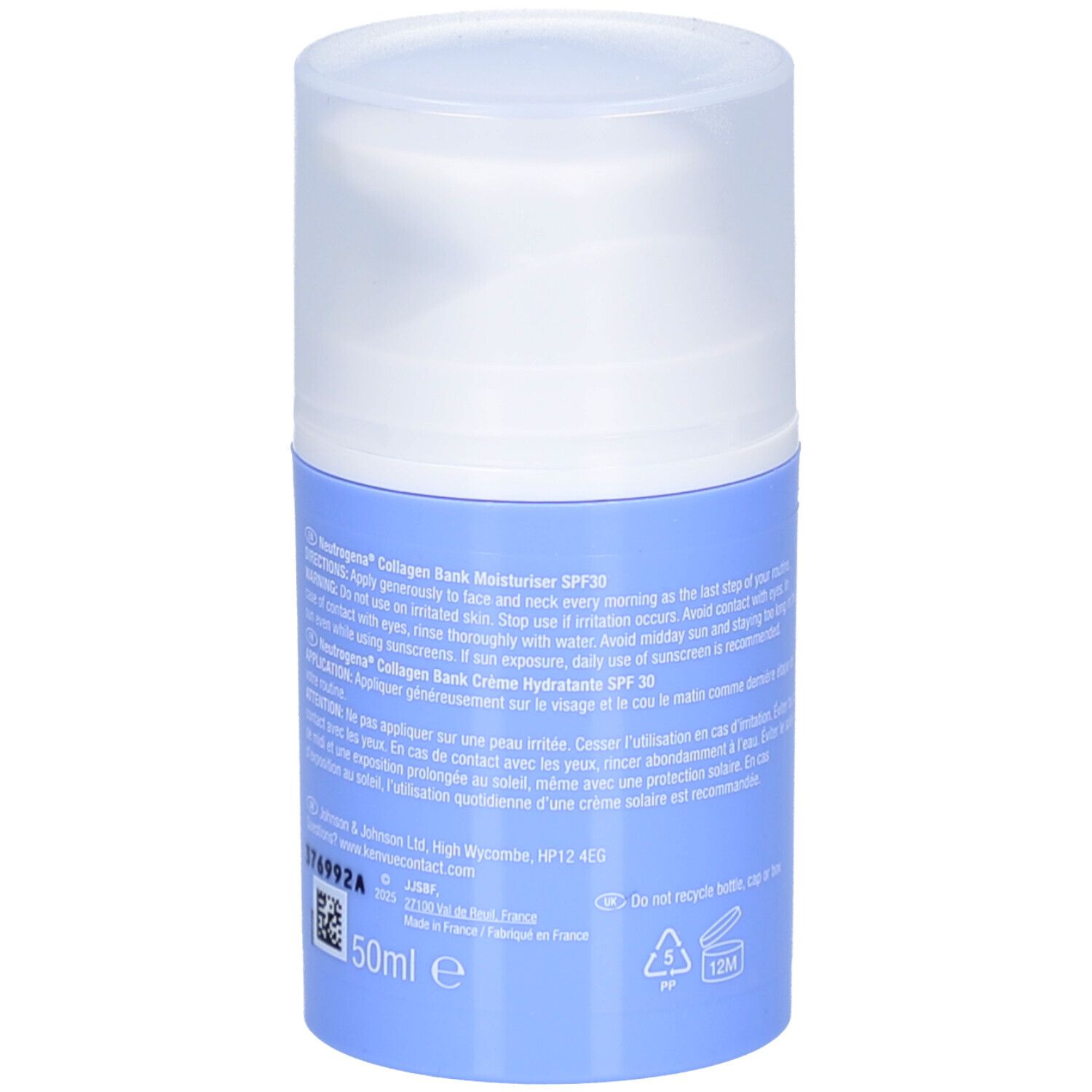 Neutrogena Collagen Bank Crème Hydratante SPF 30. Dos du flacon. Surface bleue avec texte et indication 50ml.