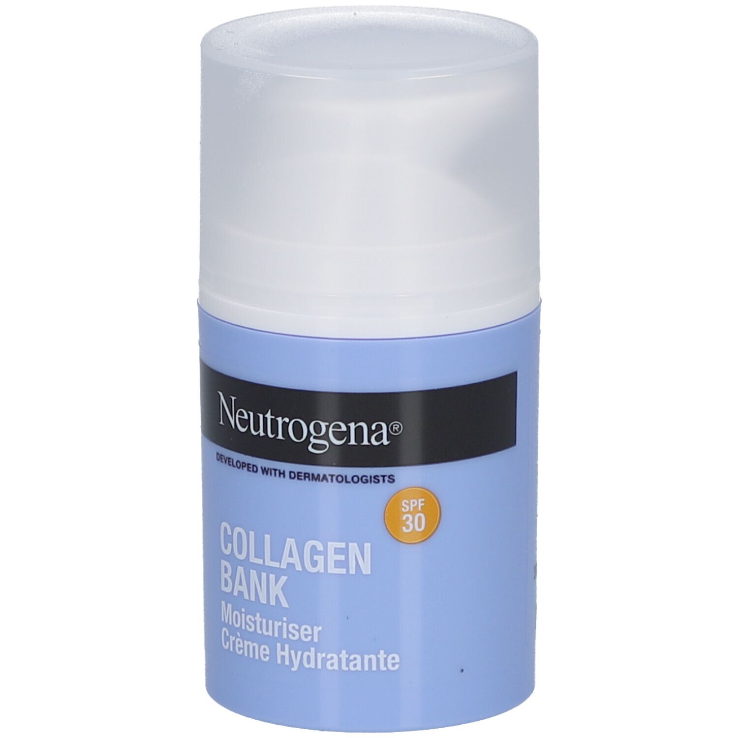 Neutrogena Collagen Bank Crème Hydratante SPF 30. Flacon bleu, bouchon blanc. Bande noire avec logo et nom du produit.