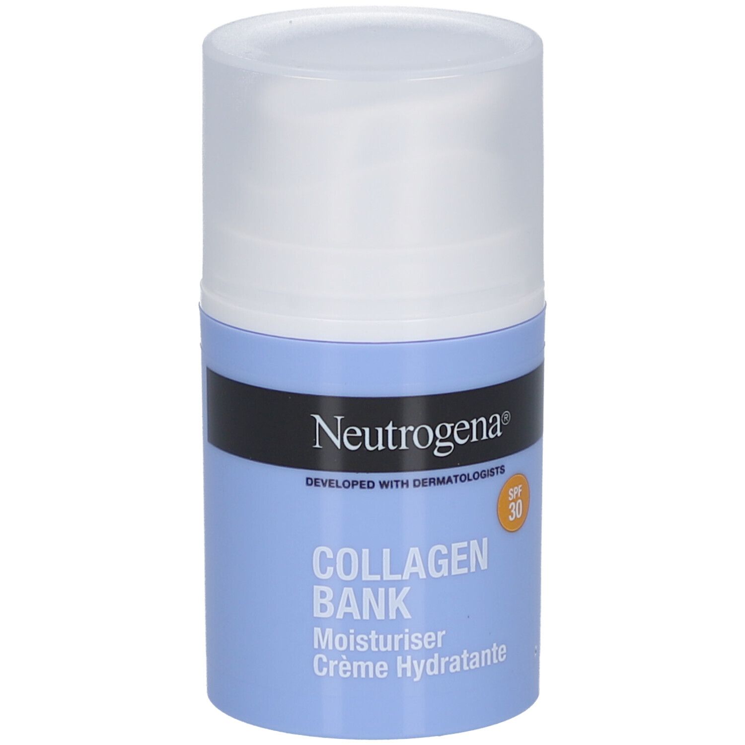 Neutrogena Collagen Bank Crème Hydratante SPF 30. Flacon bleu, bouchon blanc. Bande noire avec logo et nom du produit.