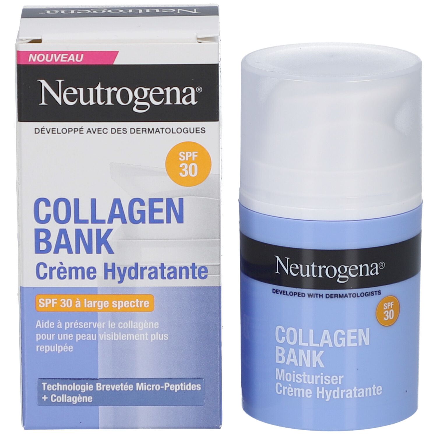 Neutrogena Collagen Bank Crème Hydratante SPF 30. Produit et emballage. Flacon bleu et carton avec texte.