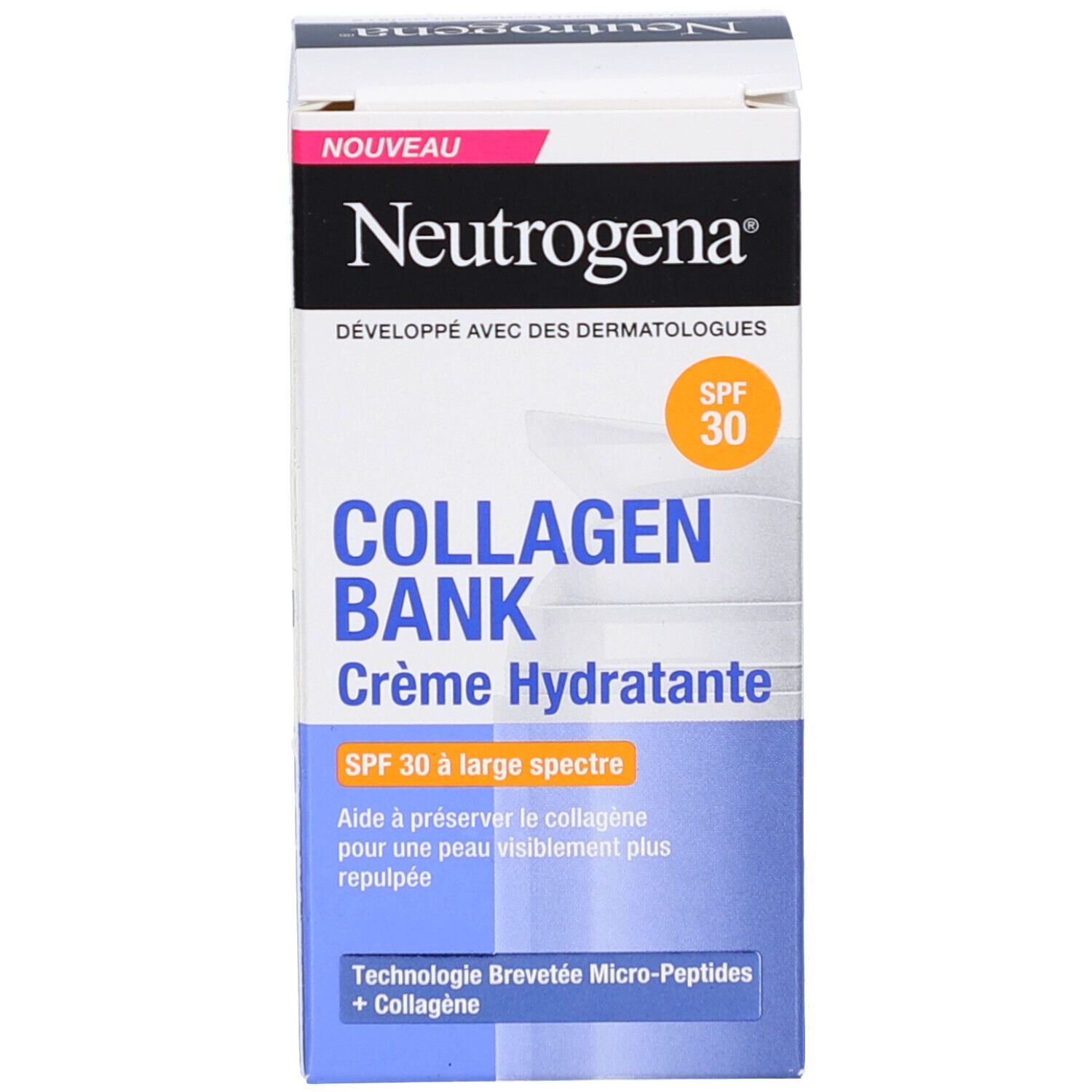 Neutrogena Collagen Bank Crème Hydratante SPF 30. Emballage. Carton avec logo, nom du produit et SPF 30.
