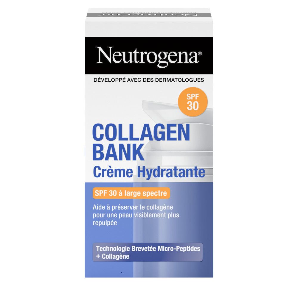 Neutrogena Collagen Bank Crème Hydratante SPF30. Emballage avec texte: SPF30 à large spectre, Technologie Micro-Peptides.