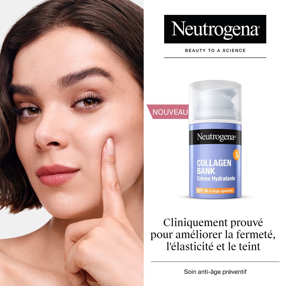 Femme touchant sa joue. Crème et emballage Neutrogena Collagen Bank. Texte: Cliniquement prouvé, Nouveau.