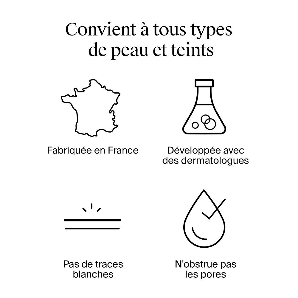 Symboles: Fabriqué en France, Dermatologues, pas de traces blanches, n'obstrue pas les pores.