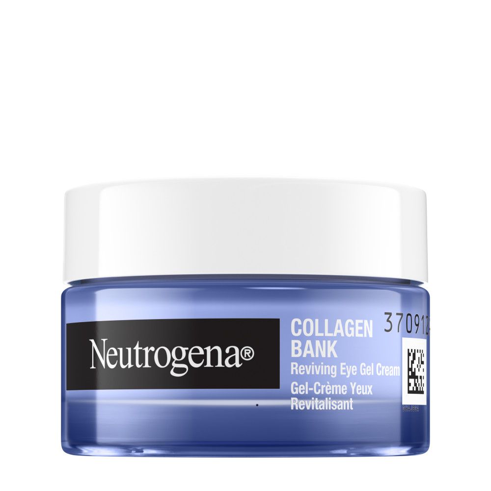 Neutrogena Collagen Bank Gel-Crème Yeux Revitalisant. Pot bleu, couvercle blanc. Texte.