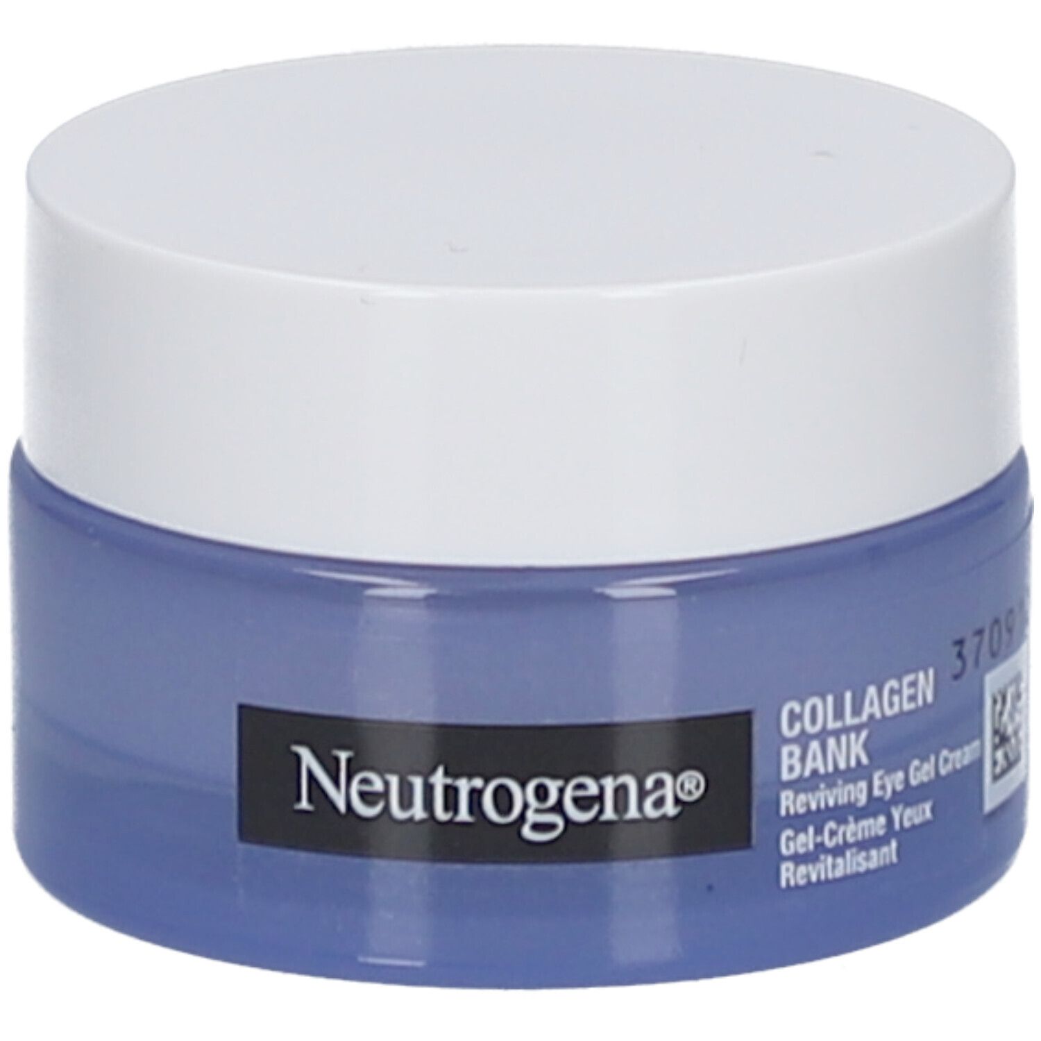 Pot bleu et blanc avec couvercle blanc. Inscription Neutrogena, Collagen Bank, Reviving Eye Gel Cream.