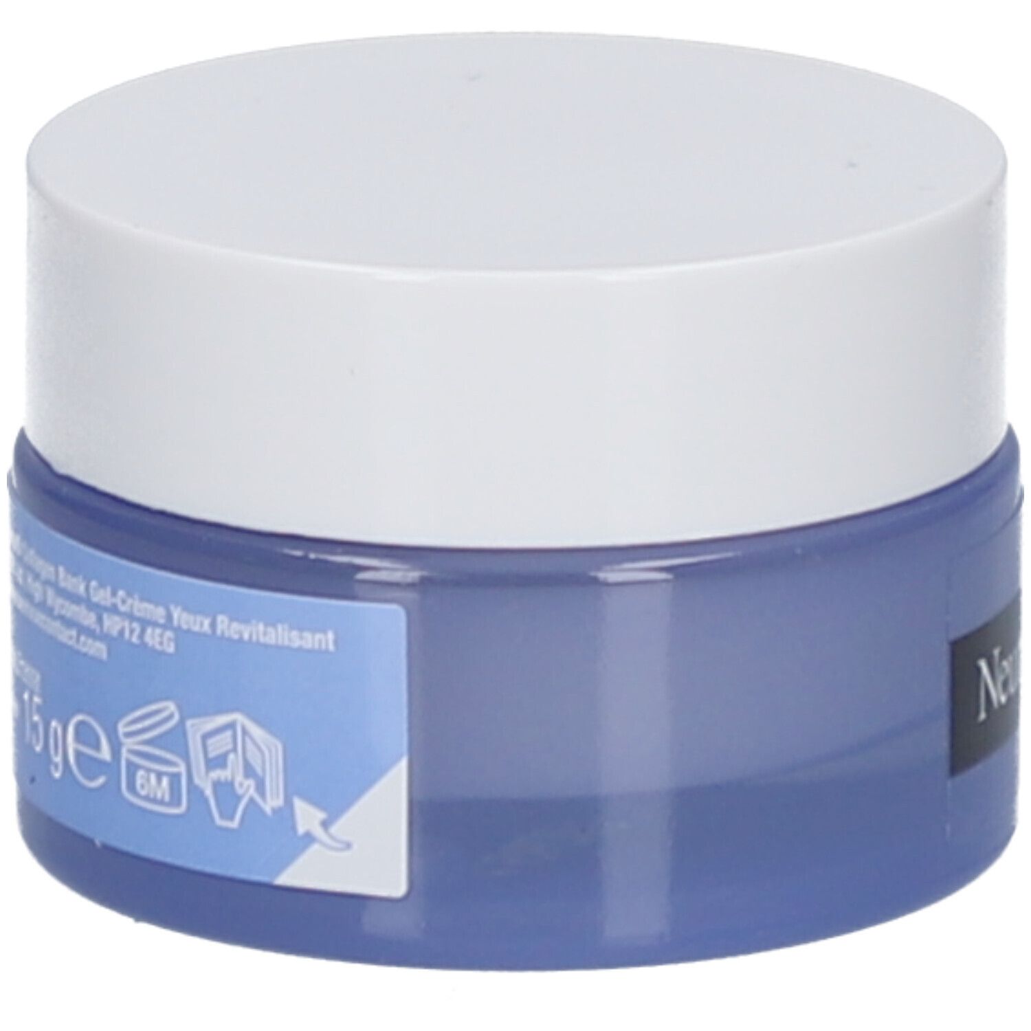 Pot bleu et blanc avec couvercle blanc. Inscription Neutrogena Collagen Bank, Reviving Eye Gel Cream.