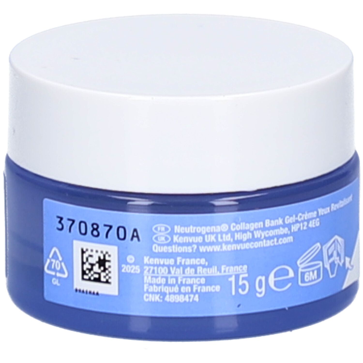 Pot bleu et blanc avec couvercle blanc. Inscription Neutrogena Collagen Bank, Reviving Eye Gel Cream, 15 g.