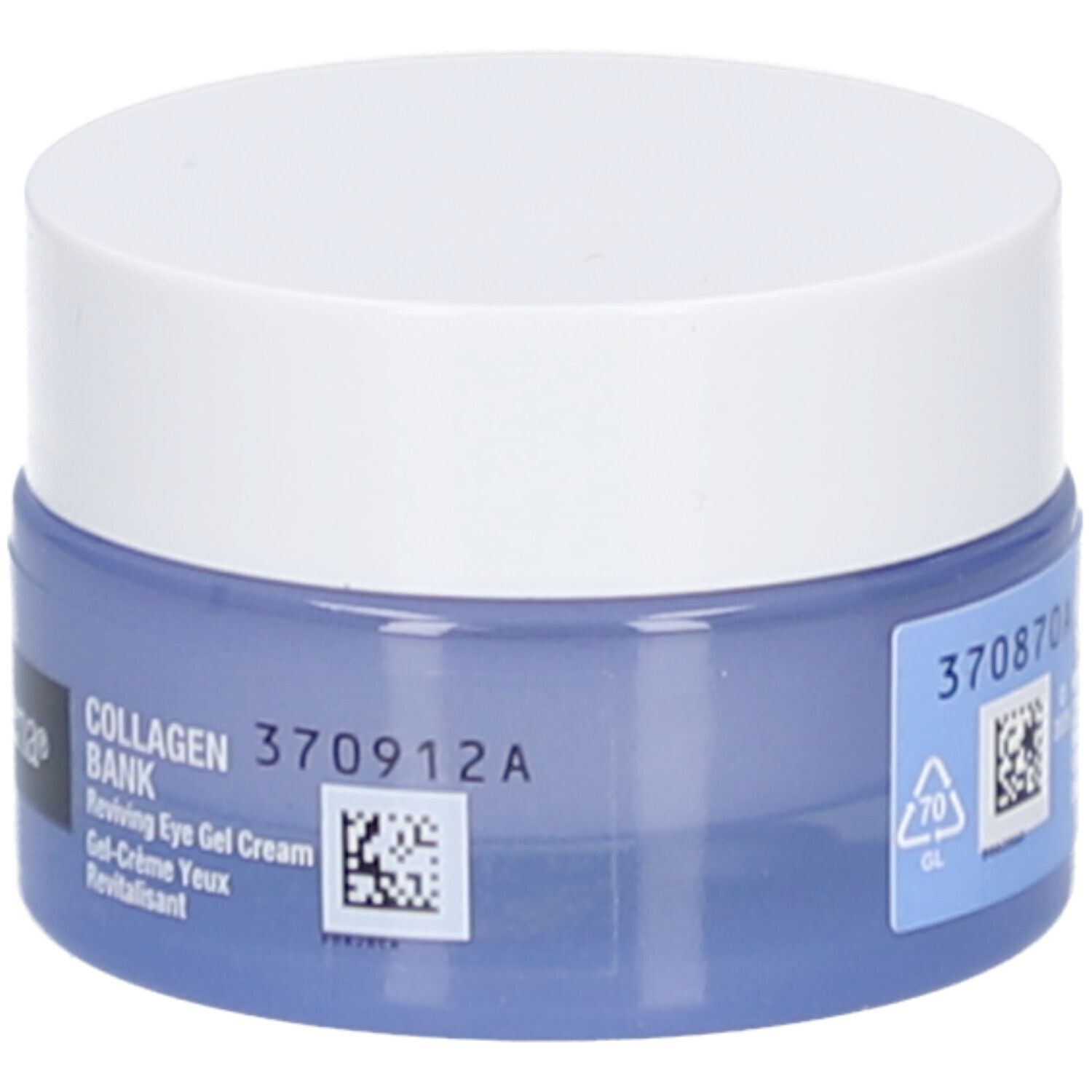 Pot bleu et blanc avec couvercle blanc. Inscription Neutrogena Collagen Bank, Reviving Eye Gel Cream.