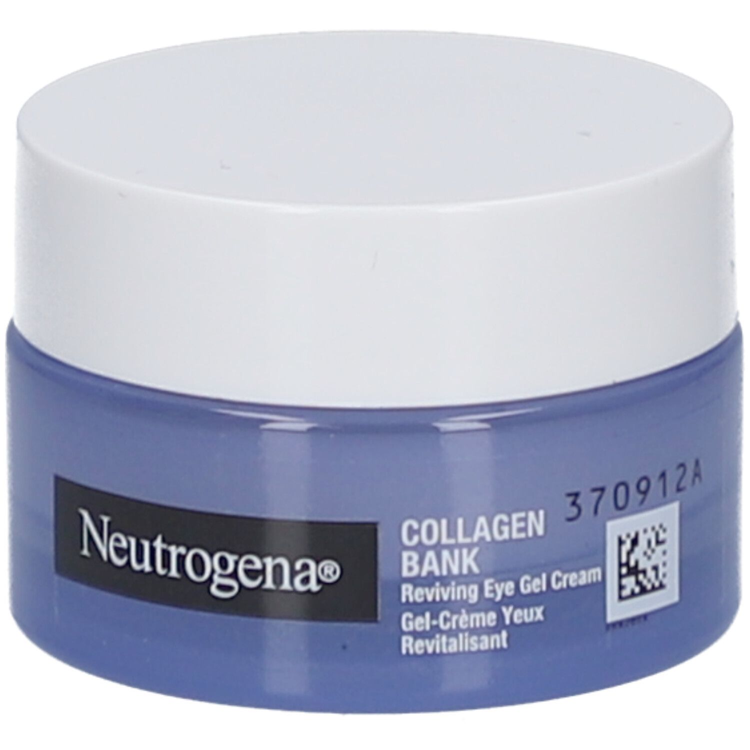 Pot bleu et blanc avec couvercle blanc. Inscription Neutrogena, Collagen Bank, Reviving Eye Gel Cream.