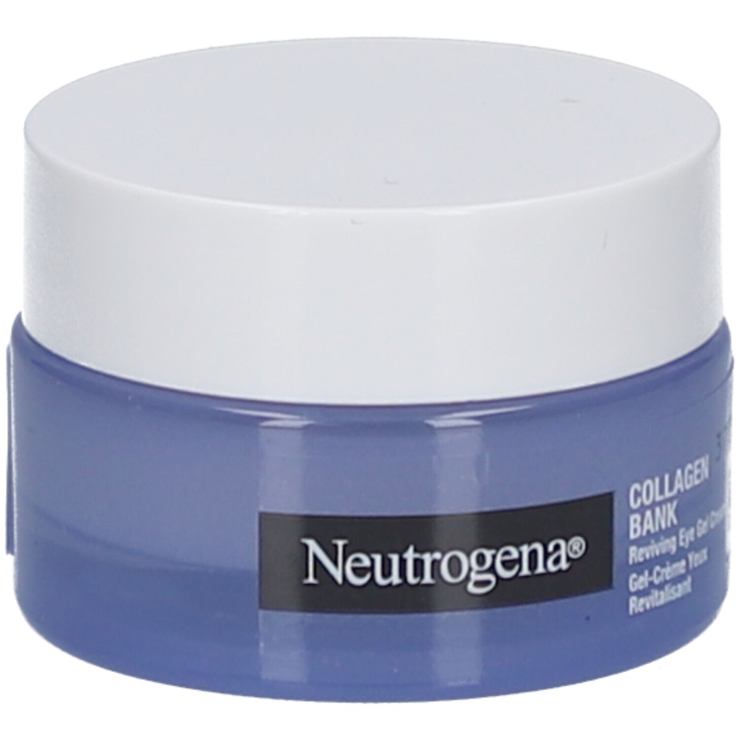 Pot bleu et blanc avec couvercle blanc. Inscription Neutrogena, Collagen Bank, Reviving Eye Gel Cream.