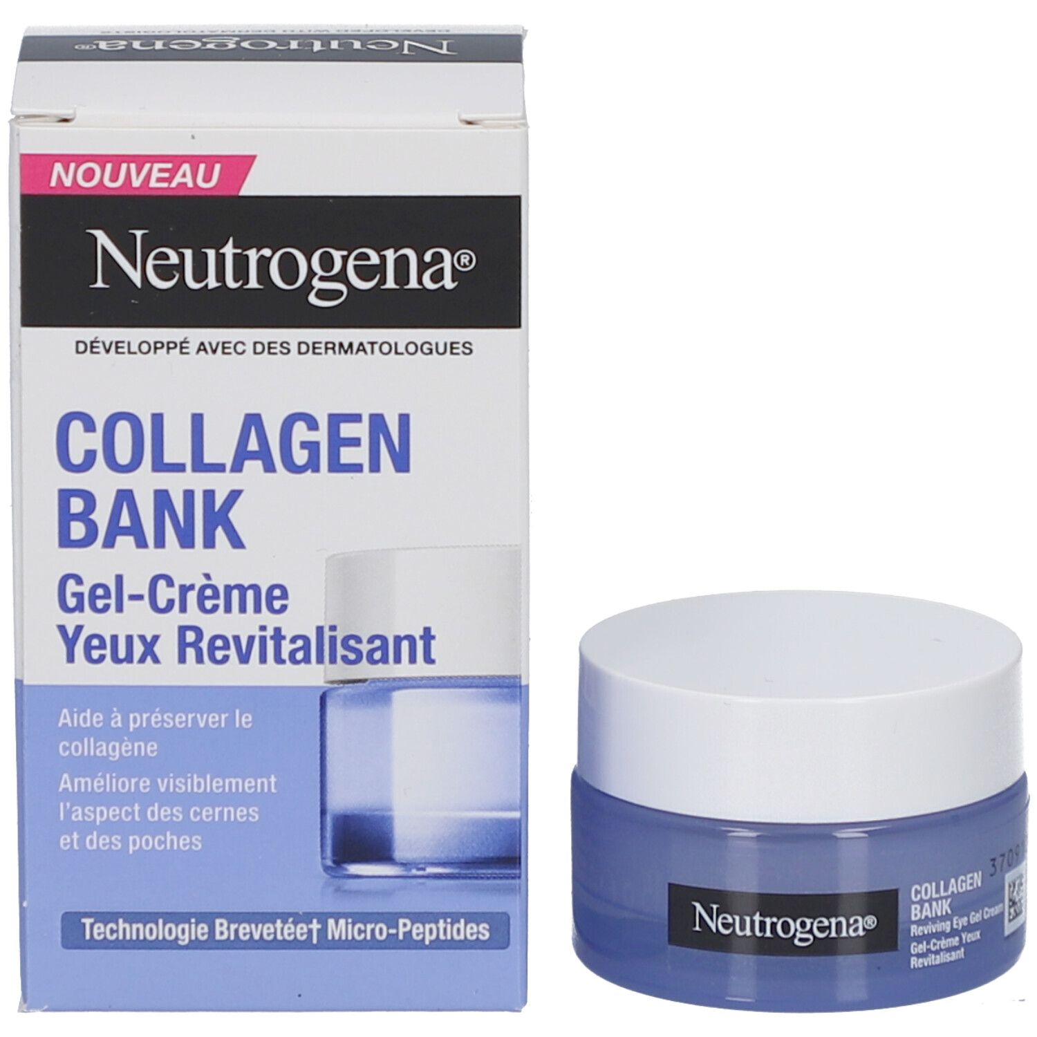 Emballage et pot du produit. Emballage avec inscription Neutrogena, Collagen Bank, Gel-Crème Yeux Revitalisant.
