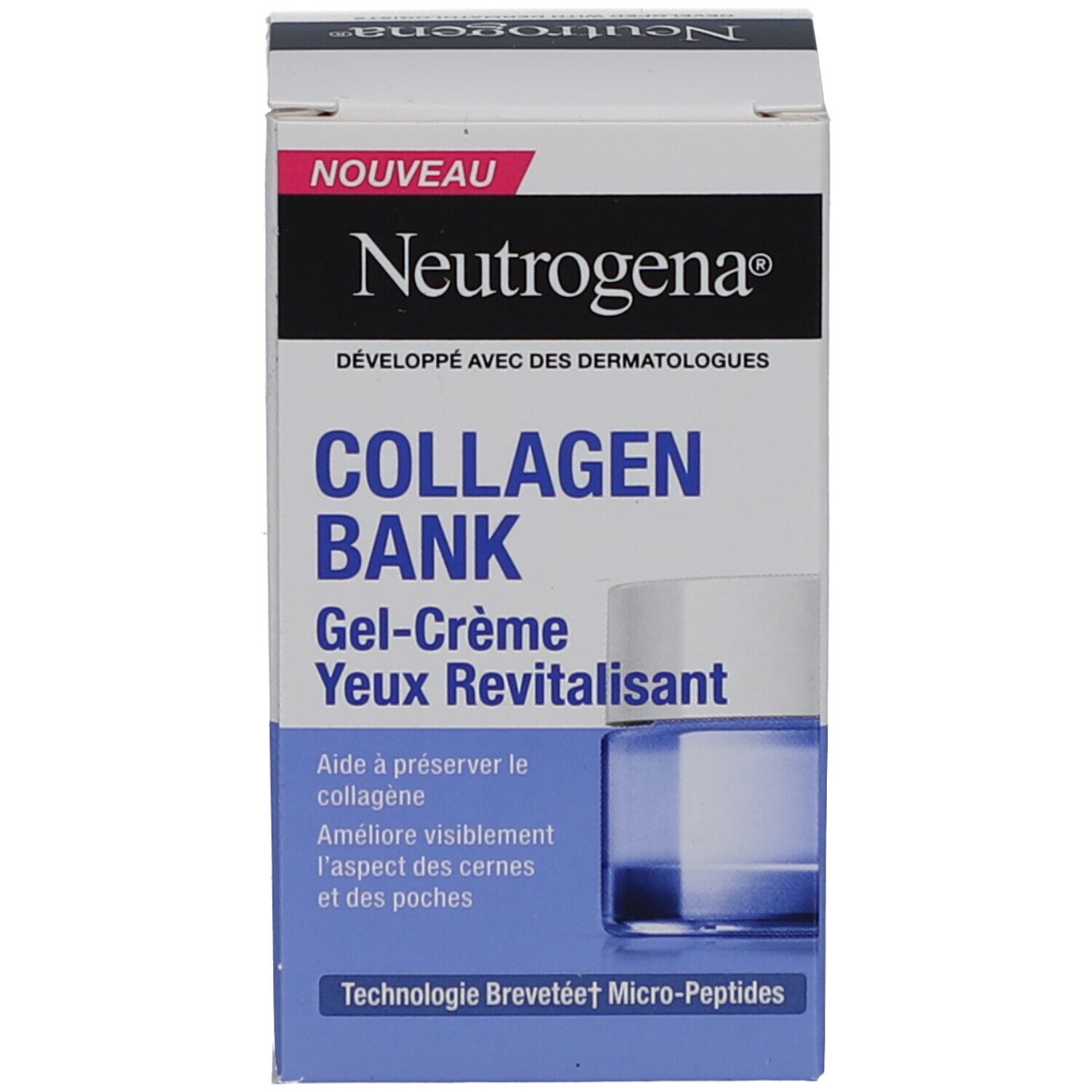 Emballage du produit. Inscription Neutrogena, Collagen Bank, Gel-Crème Yeux Revitalisant. Avec image du produit.