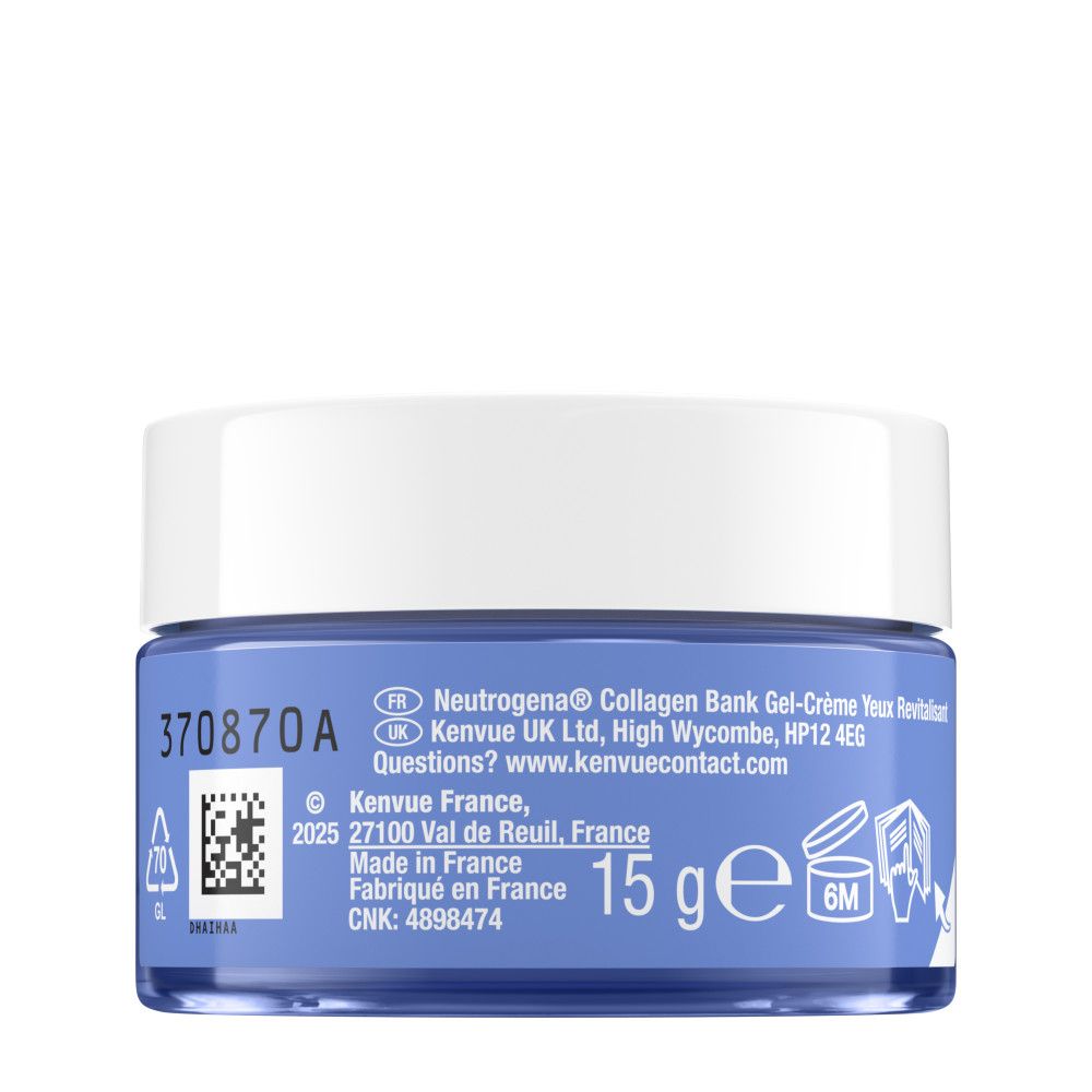 Dos du pot. Texte: Neutrogena Collagen Bank Gel-Crème Yeux Revitalisant. 15g. 6M.