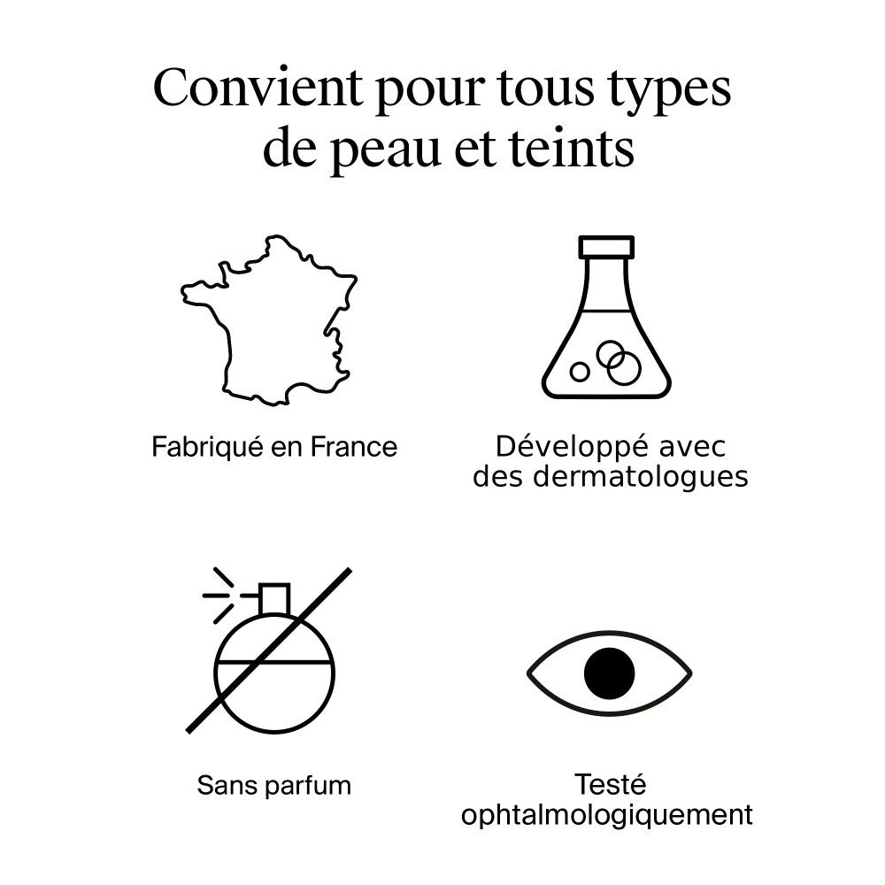 Symboles: Fabriqué en France, Développé avec des dermatologues, Sans parfum, Testé ophtalmologiquement.