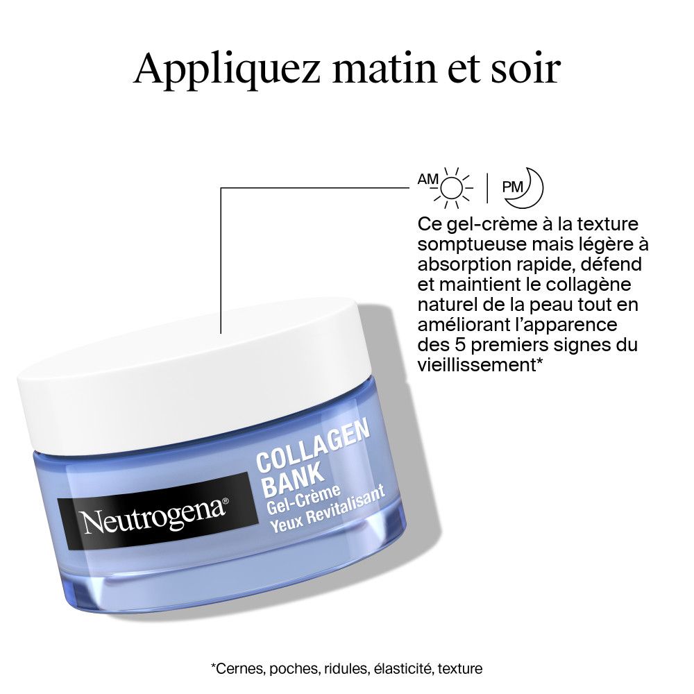 Pot et texte: Appliquez matin et soir. Gel-Crème Yeux Revitalisant. Neutrogena Collagen Bank.
