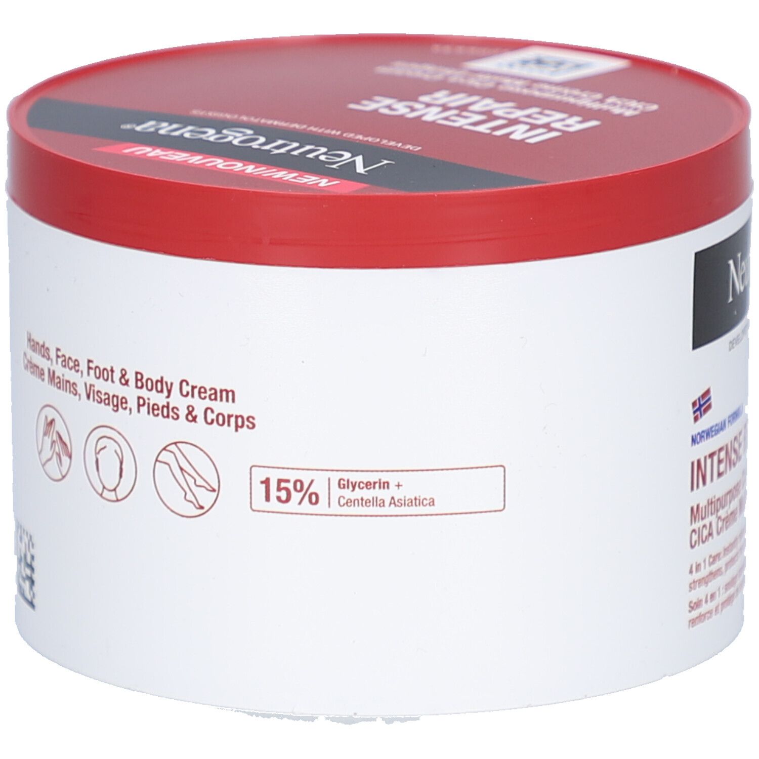 Pot blanc à couvercle rouge. Inscription : Neutrogena. Contient de la glycérine et Centella Asiatica. Pour mains, visage, pieds.